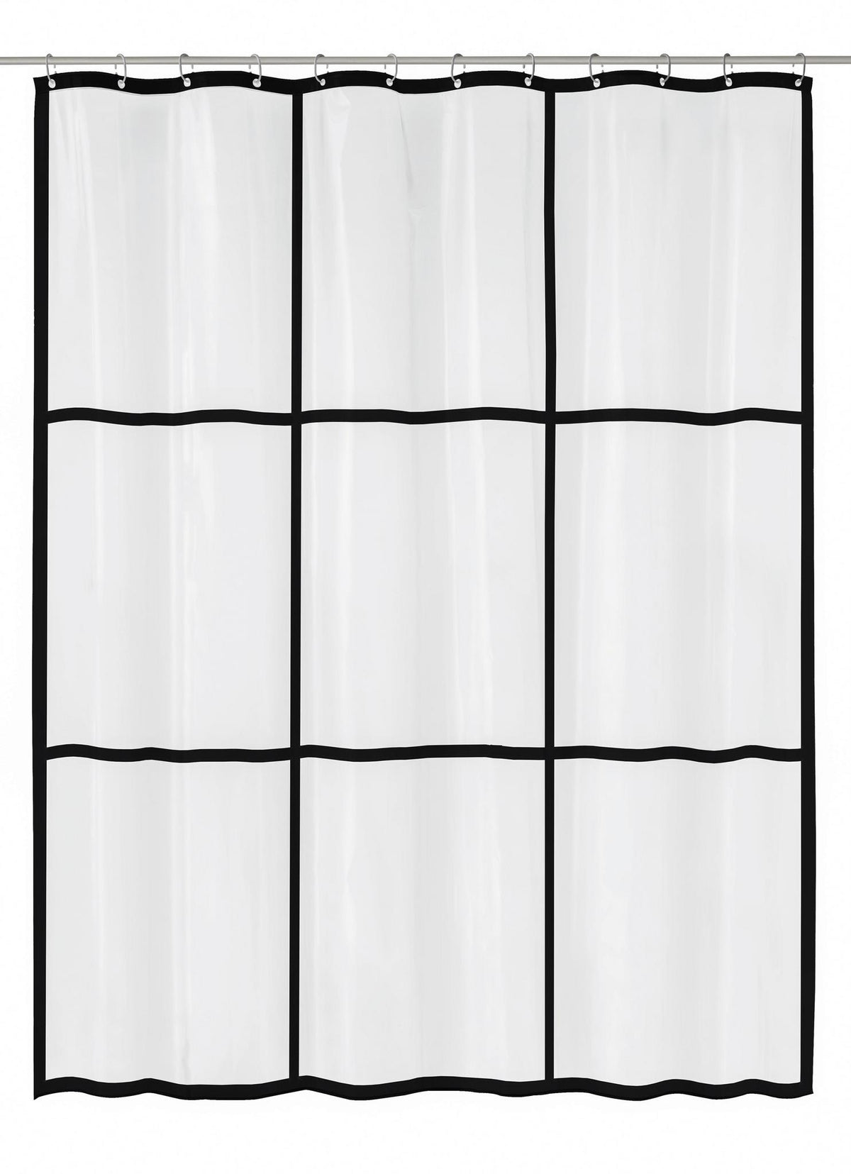 Transparenter Duschvorhang mit schwarzem Rahmen im 3x3-Gitterdesign