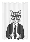 Duschvorhang mit gezeichneter Katze im Anzug und Brille Motiv
