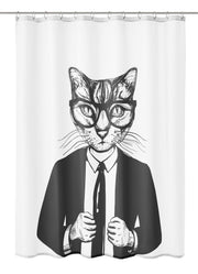 Duschvorhang mit gezeichneter Katze im Anzug und Brille Motiv