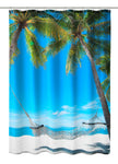 Duschvorhang mit Strandmotiv, Palmen, Hängematte und blauem Meer bei Sonne