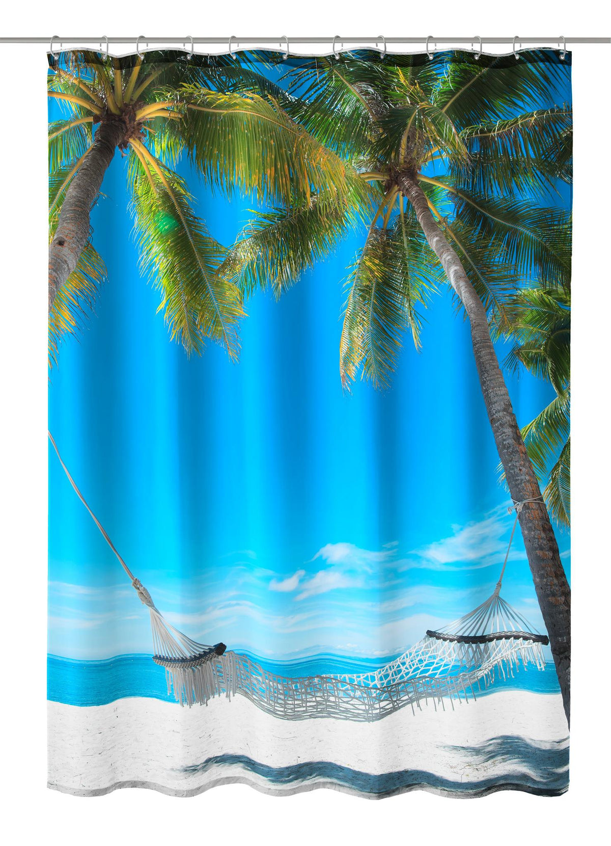 Duschvorhang mit Strandmotiv, Palmen, Hängematte und blauem Meer bei Sonne