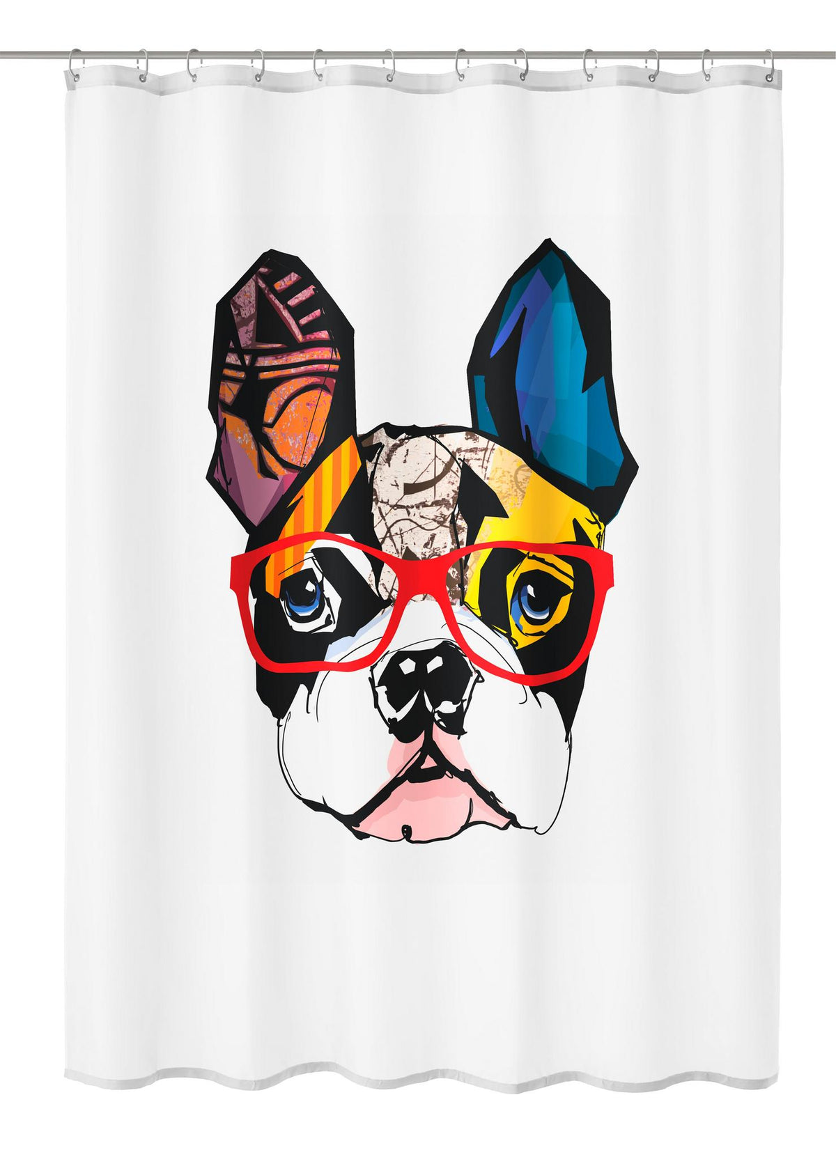 Weißer Duschvorhang mit buntem Bulldoggenkopf mit roter Brille Motiv