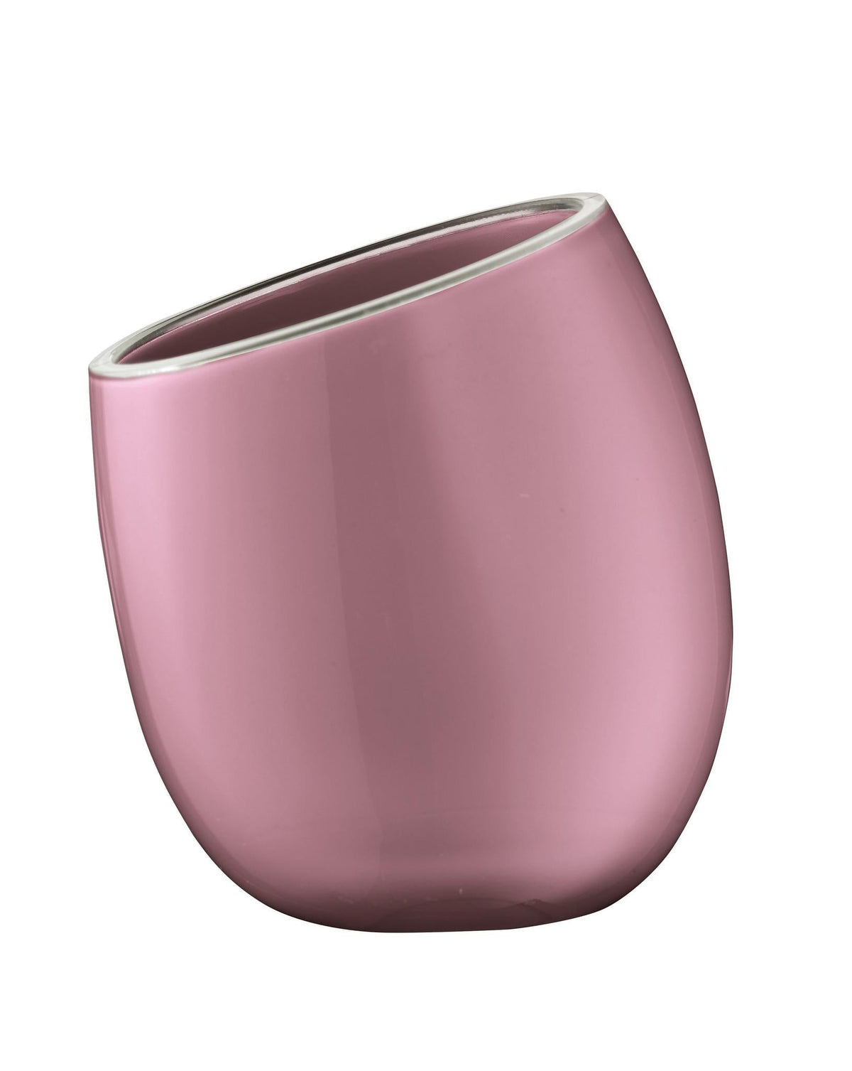 Schräg stehender, glänzender rosa Zahnputzbecher ohne Dekor aus Keramik