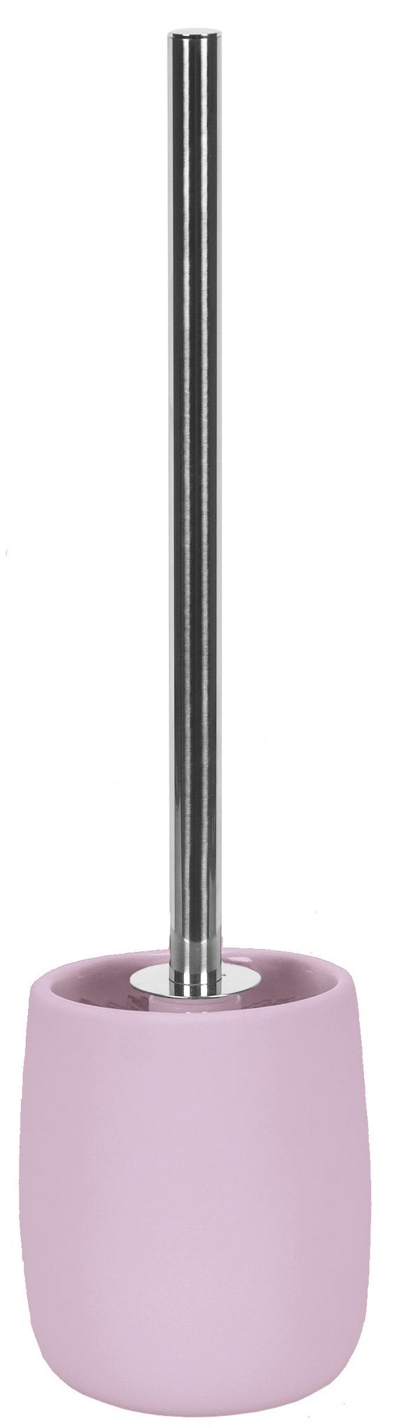Toilettenbürste mit rosafarbener Halterung und Edelstahlstiel in Silber