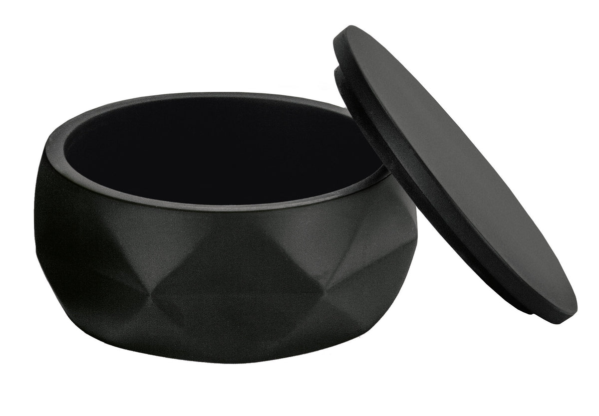 Schwarze, facettierte Badezimmer-Dose mit danebenliegendem Deckel