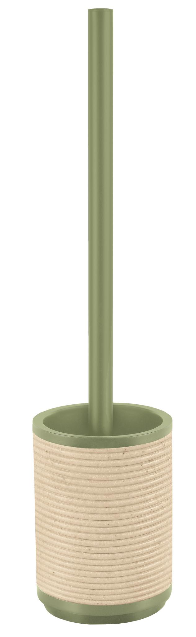 Grüne WC-Bürste mit rundem beige geriffelten Halter aus Kunststoff