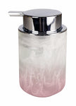 Seifenspender aus Glas mit rosa-weißer Marmoroptik und Chrompumpe
