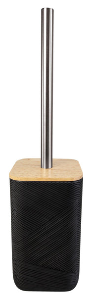 Moderne WC-Bürste mit Edelstahlstiel und schwarzem Halter aus Holz