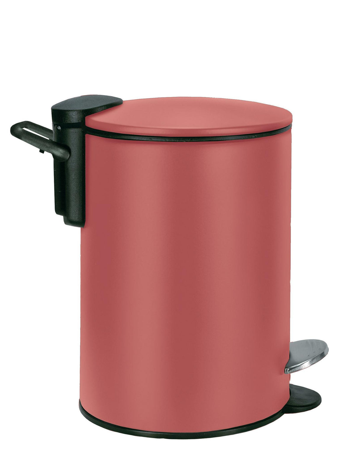 Roter zylindrischer Tretmülleimer mit schwarzem Griff und Metallpedal