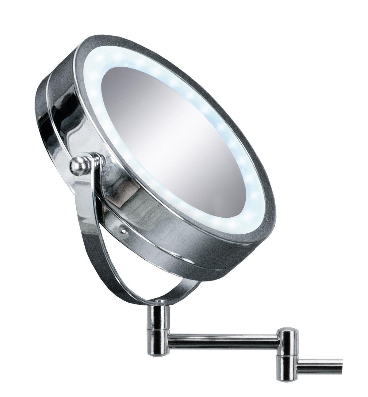Runder, verchromter LED-Kosmetikspiegel mit schwenkbarem Arm Wandmontage