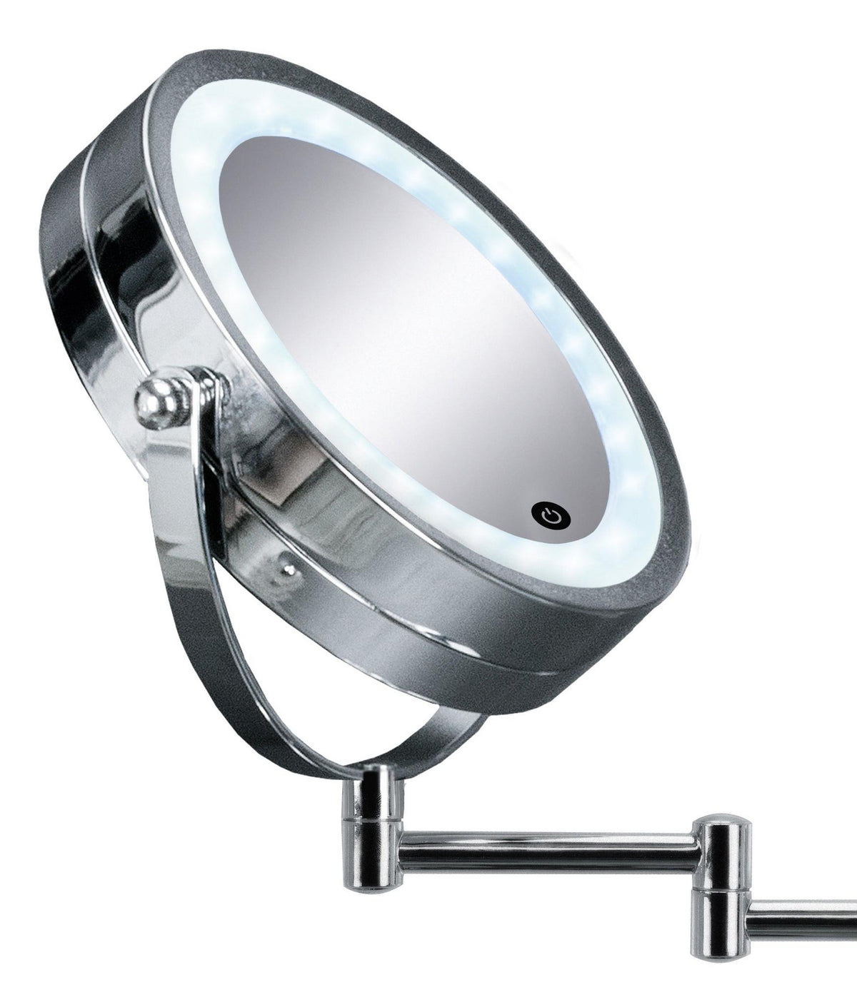 Runder LED-Kosmetikspiegel aus Chrom mit Schwenkarm und Touchschalter