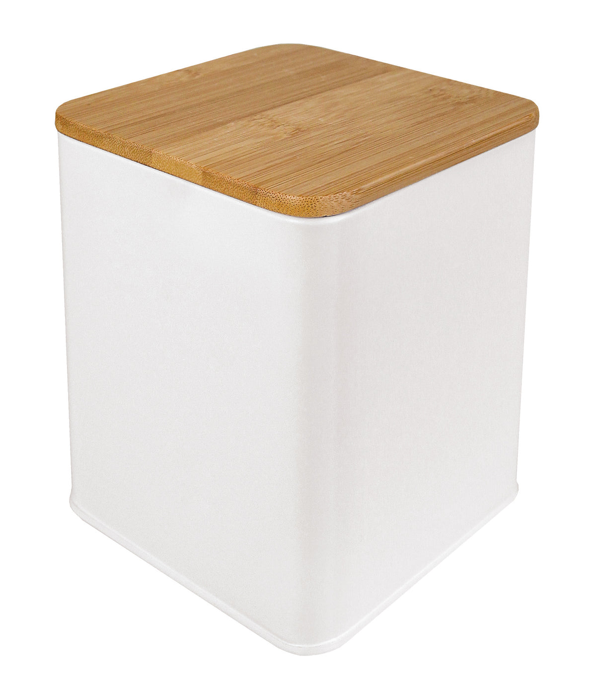 Weiße quadratische Aufbewahrungsbox mit Deckel aus Bambus-Holz oben