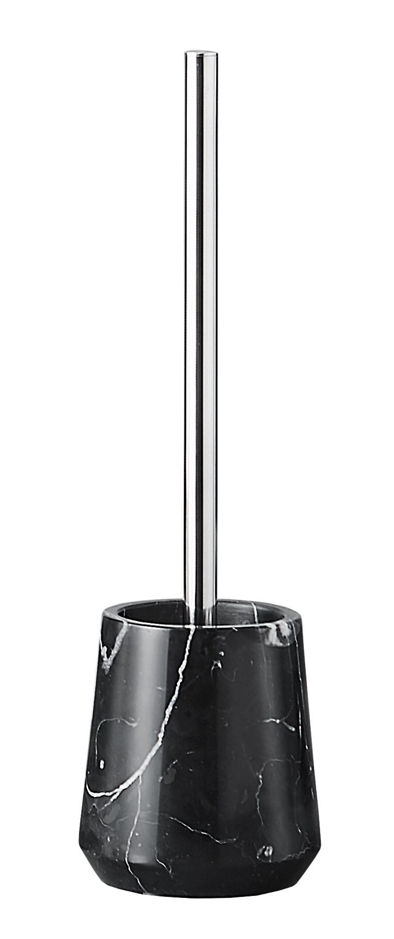 Schwarze WC-Bürste mit Marmorhalter und langem Metallstiel, schlankem Design