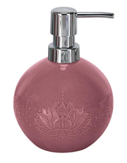 Runder rosa Seifenspender aus Keramik mit Lotusrelief und Metallpumpe
