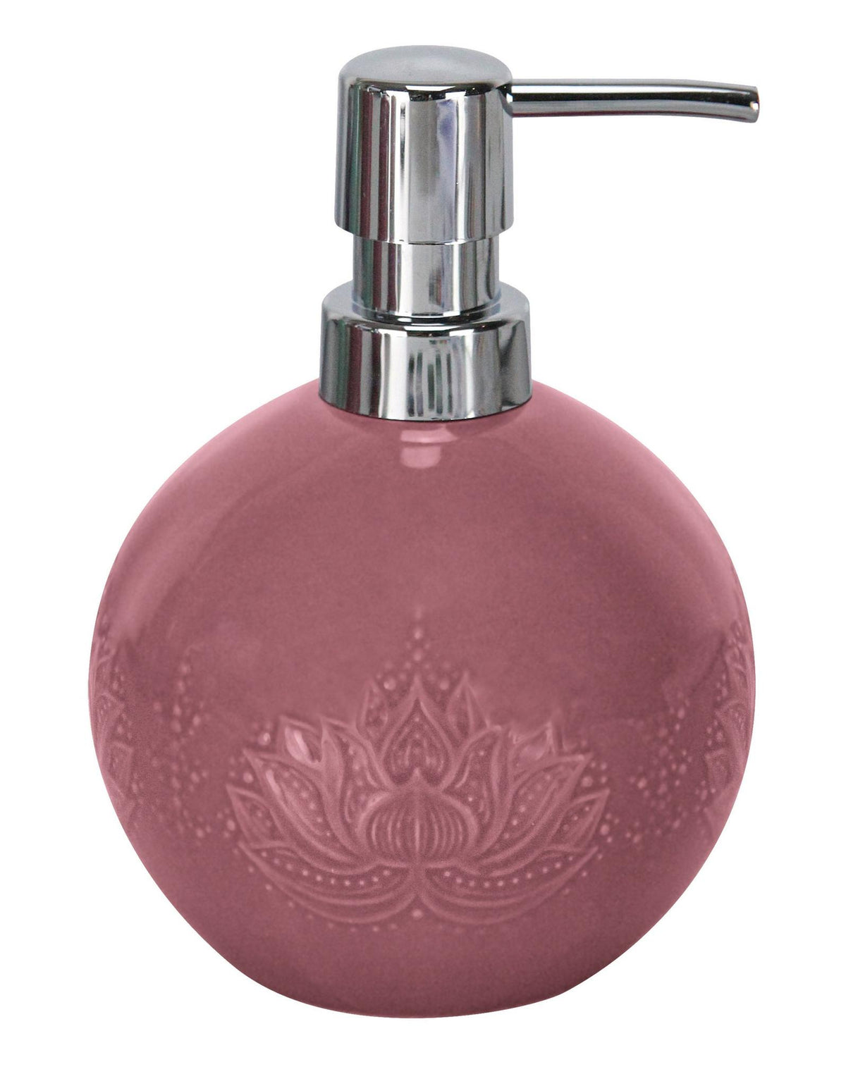 Runder rosa Seifenspender aus Keramik mit Lotusrelief und Metallpumpe