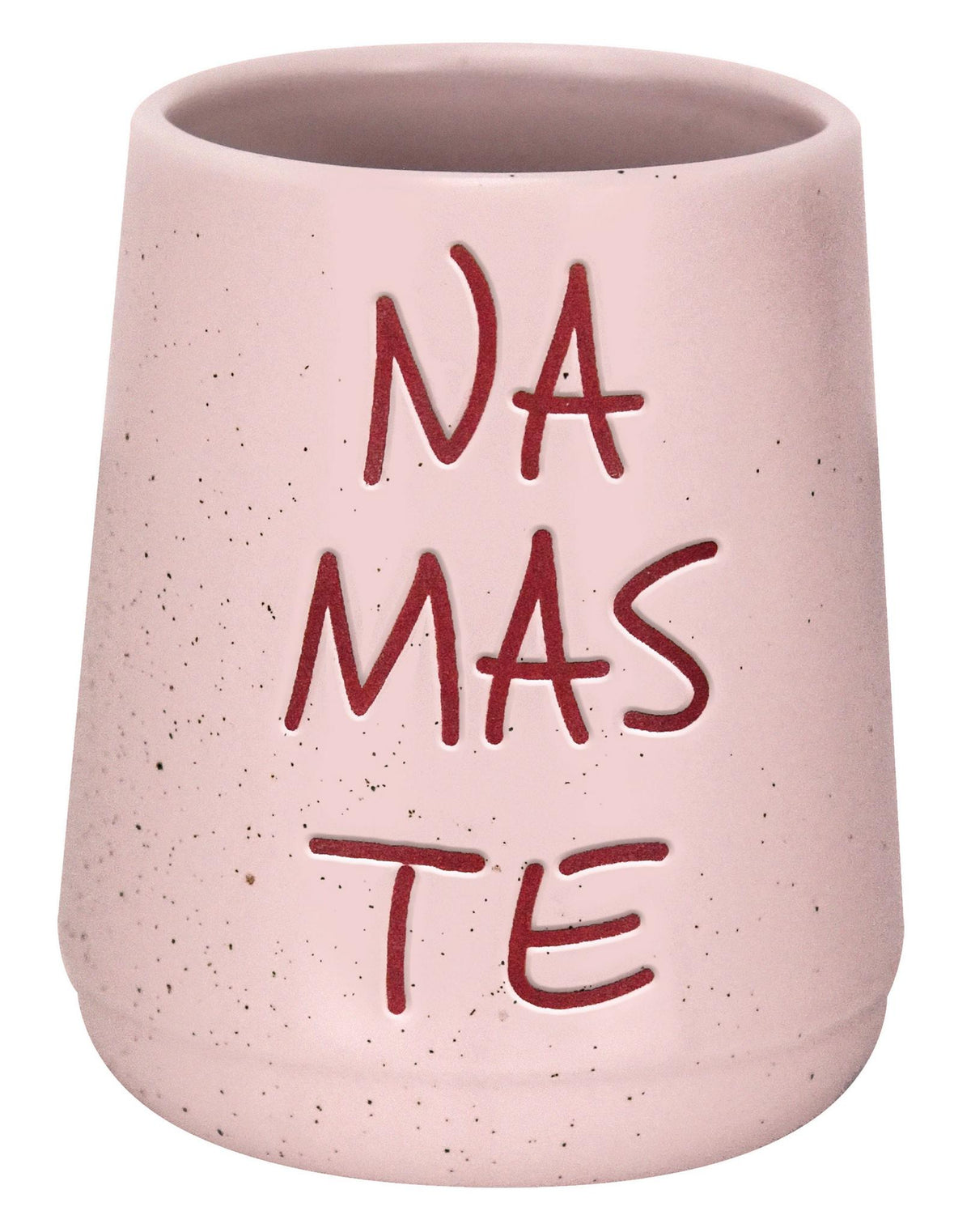 Rosa Zahnputzbecher aus Keramik mit Aufschrift NAMASTE vorne groß