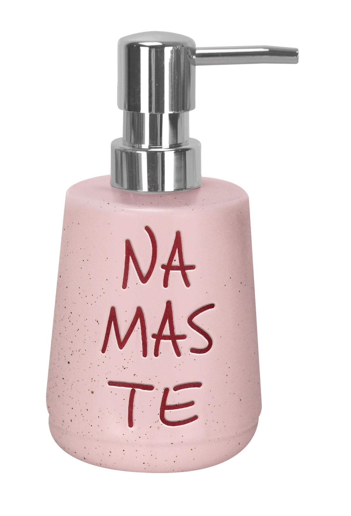 Rosa Seifenspender mit silbernem Pumpkopf und Aufschrift Namaste-Text