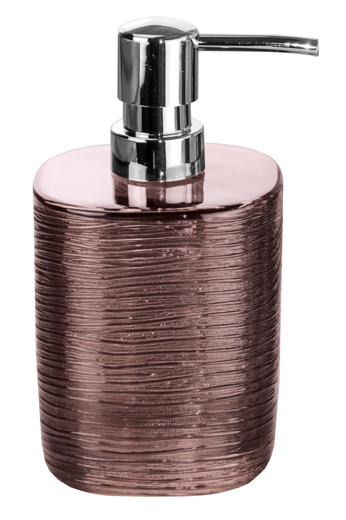 Runder Seifenspender aus roséfarbenem Glas mit silberner Pumpe oben