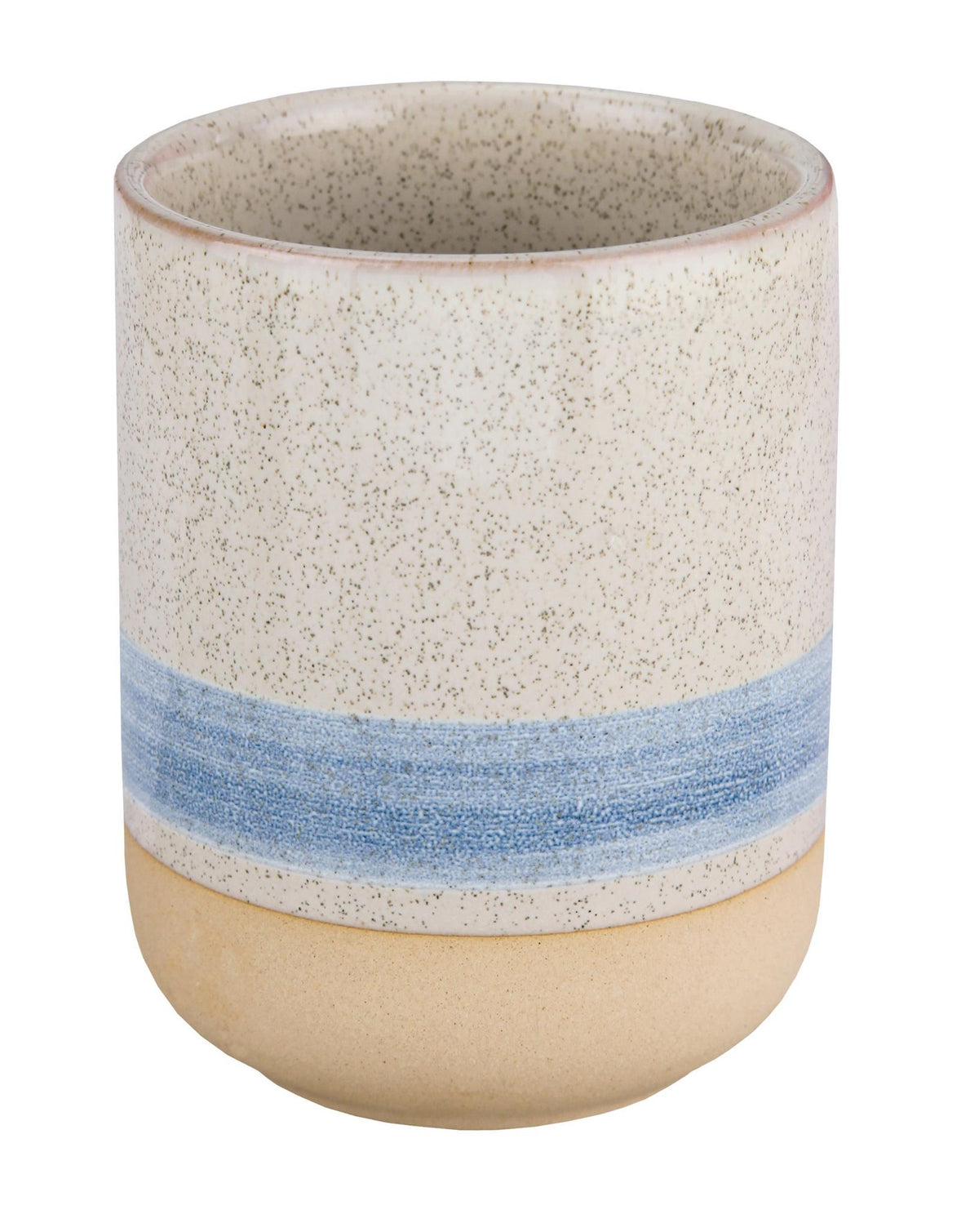 Beiger Keramikbecher mit blauem Streifen und gesprenkelter Oberfläche