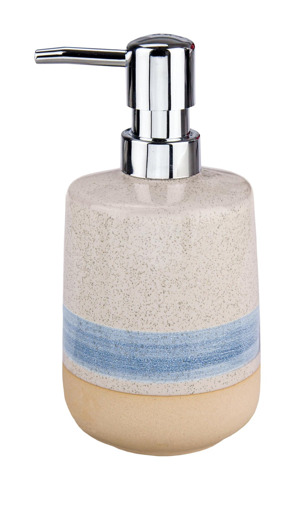 Keramik-Seifenspender beige mit blauer Bordüre und Chrompumpe oben