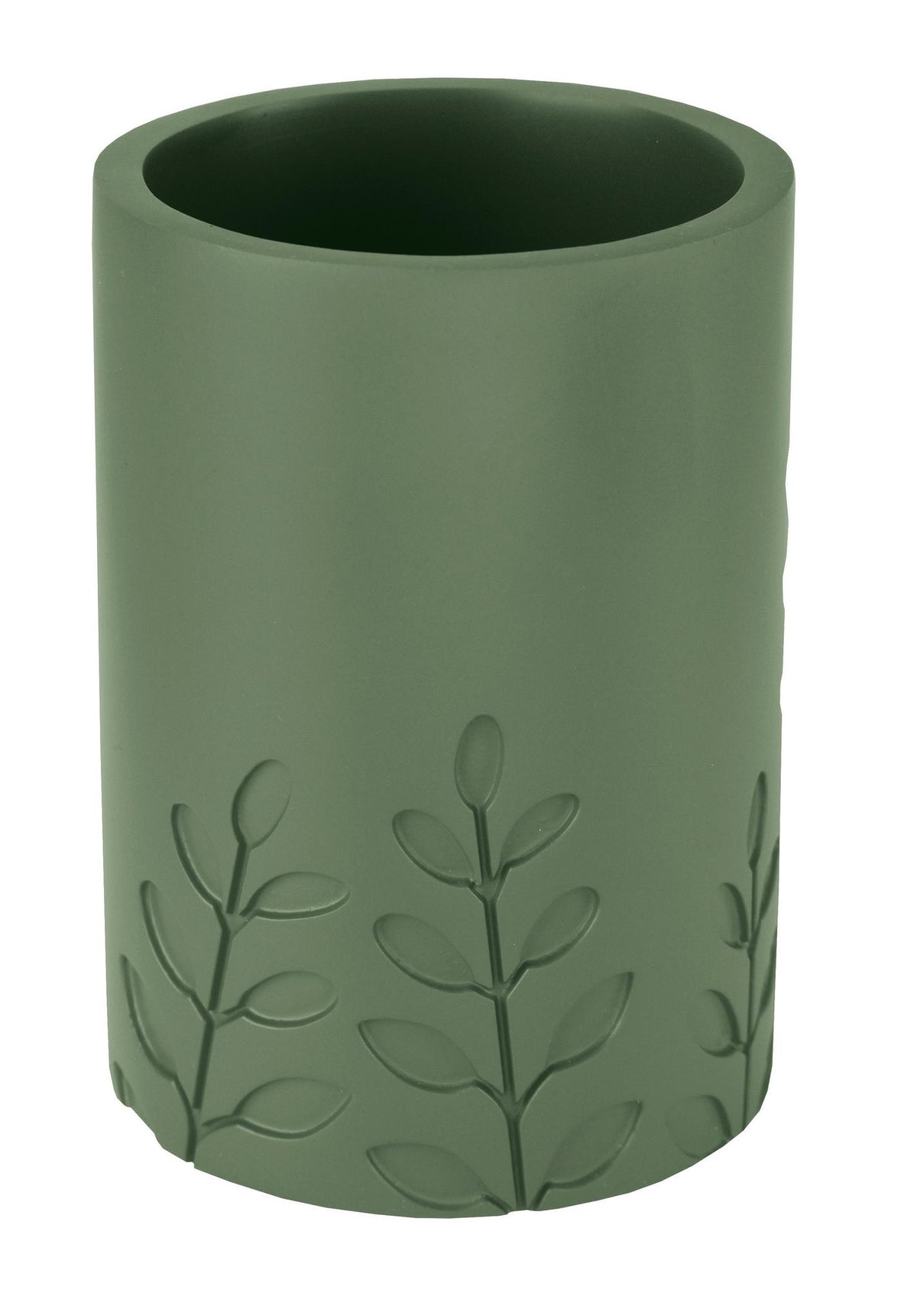 Grüner Zahnputzbecher mit eingeprägtem Blättermotiv aus Kunststoff