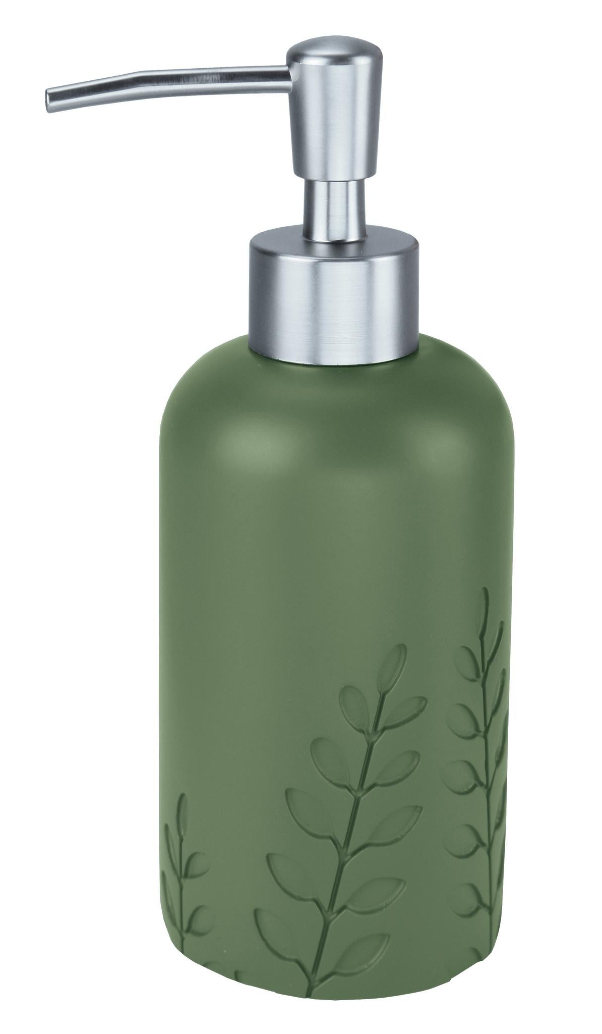 Grüner Seifenspender mit Blätterrelief und silbernem Pumpaufsatz