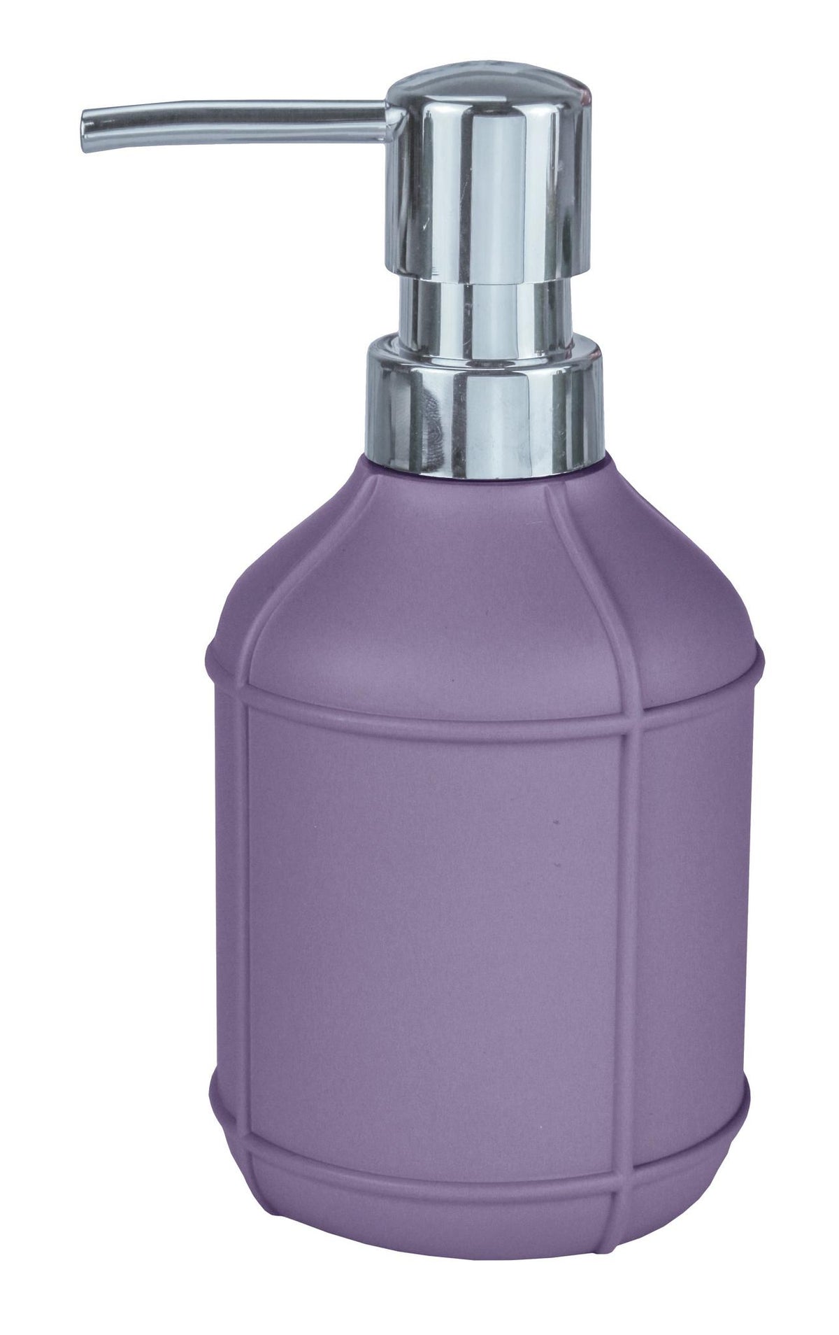 Lila Seifenspender mit silbernem Pumpkopf freistehend auf weißem Hintergrund