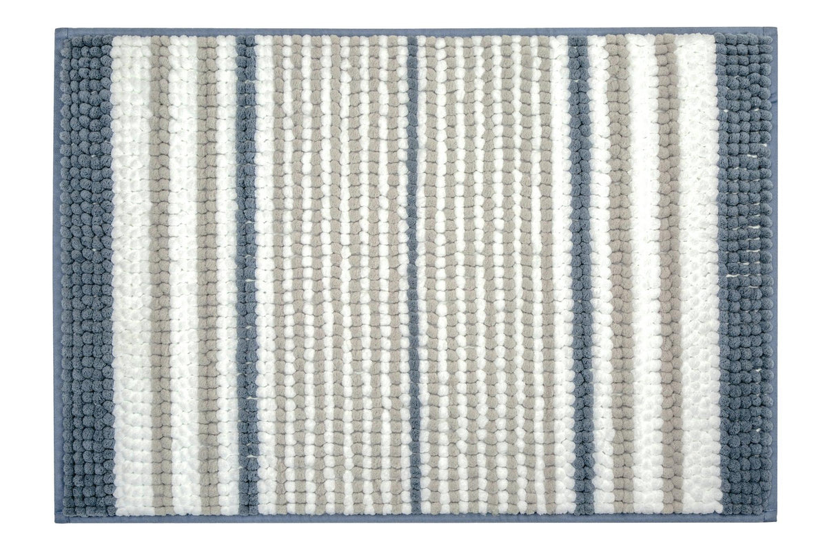Quadratische Badematte mit breiten weißen, grauen und blauen Streifen