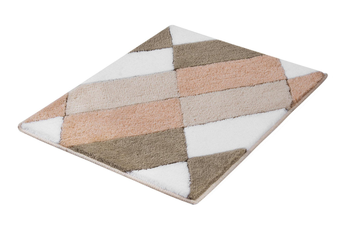 Rechteckiger Badteppich mit geometrischem Muster in Naturtönen und Weiß
