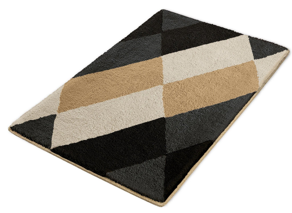 Rechteckige Badematte mit geometrischem Muster in Beige, Grau, Schwarz