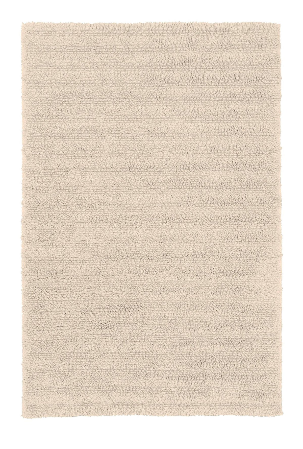 Rechteckiger, hochfloriger Badteppich in hellem Beige von oben gesehen