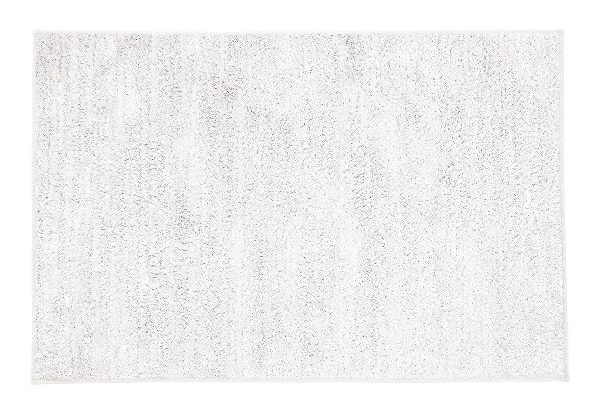 Rechteckiger, flauschiger, weißer Badteppich in Draufsicht von oben