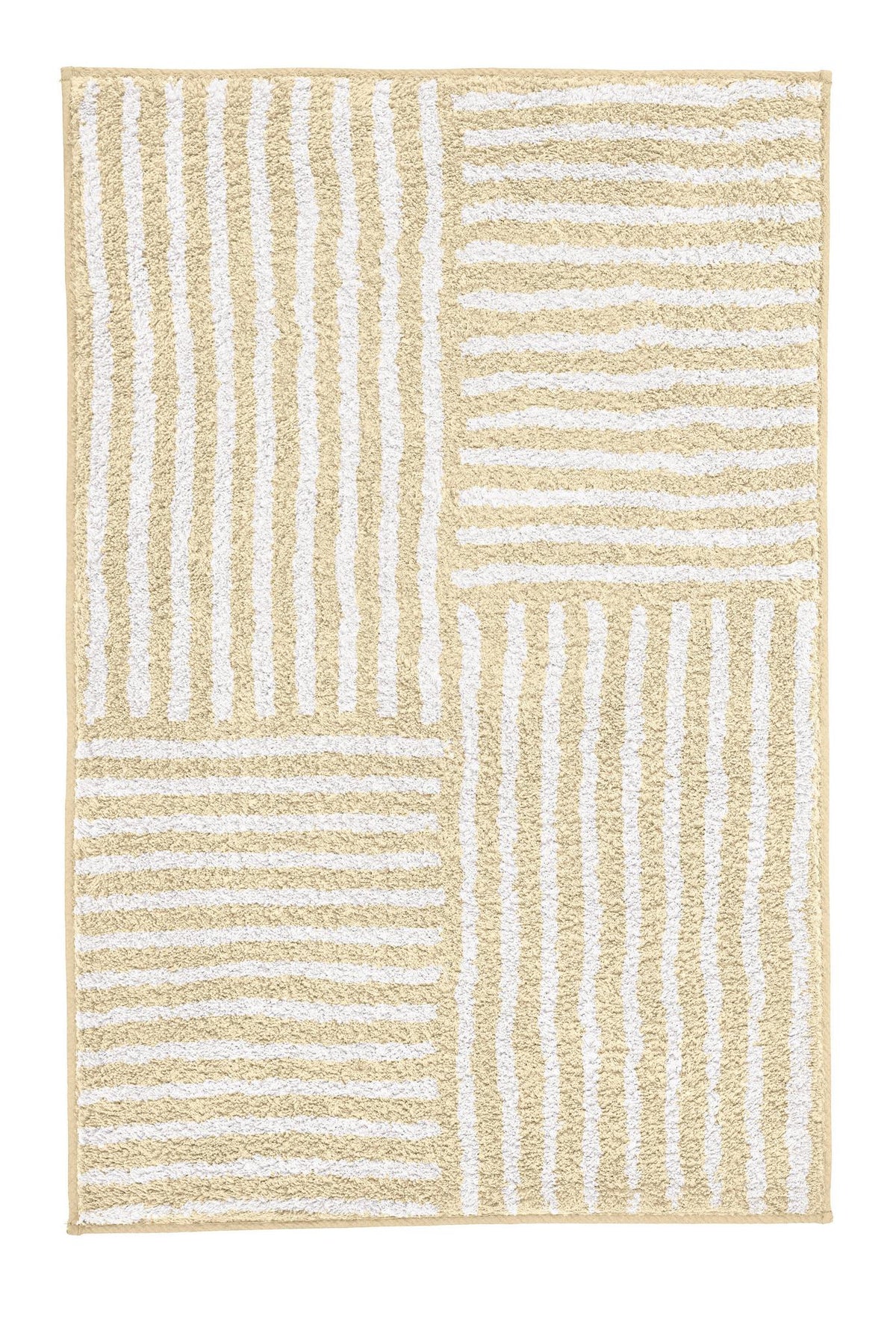 Rechteckiger Badteppich mit beige-weißen Streifen und Patchworkmuster