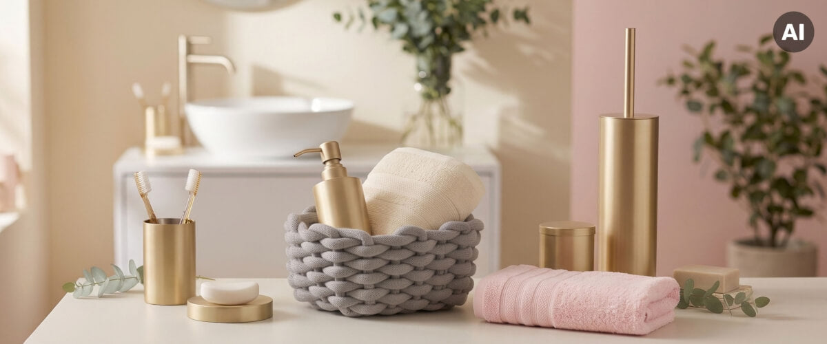Elegante Badaccessoires in Goldfarben mit Handtüchern auf modernem Waschtisch.