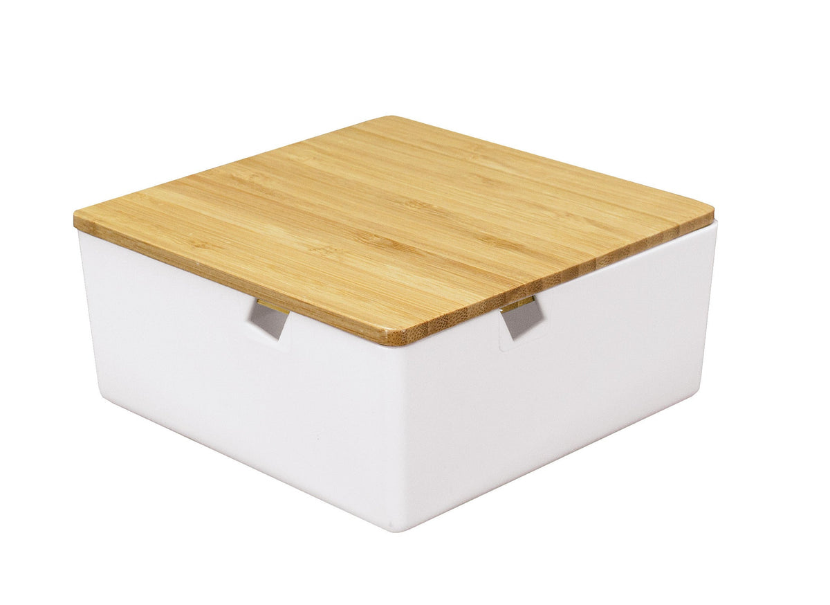 Weiße Aufbewahrungsbox mit eckigem Bambusdeckel fürs Badezimmer