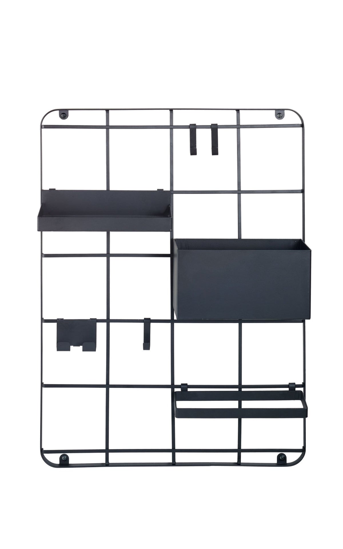 Schwarzes Metall-Gitterregal mit Ablagen, Haken und Handtuchhalter