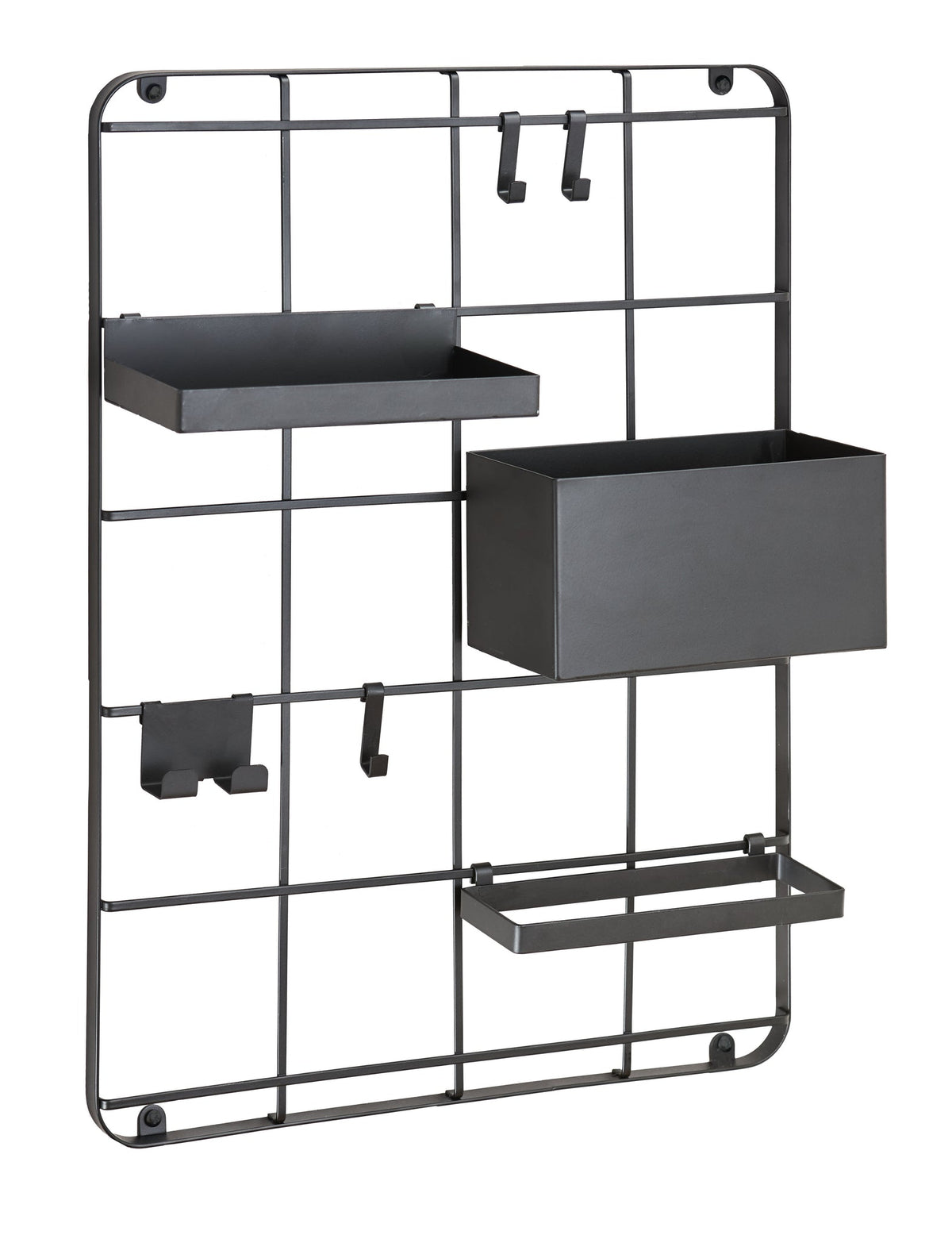 Schwarzes Wandgitter mit Ablagen, Haken und Halter für Badutensilien