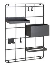 Schwarzes Wandgitter mit Ablagen, Haken und Halter für Badutensilien