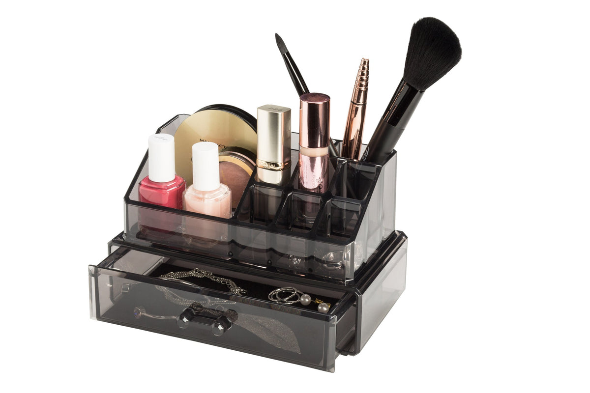 Schwarzer Acryl-Organizer mit Make-up, Pinseln und Schmuckschublade