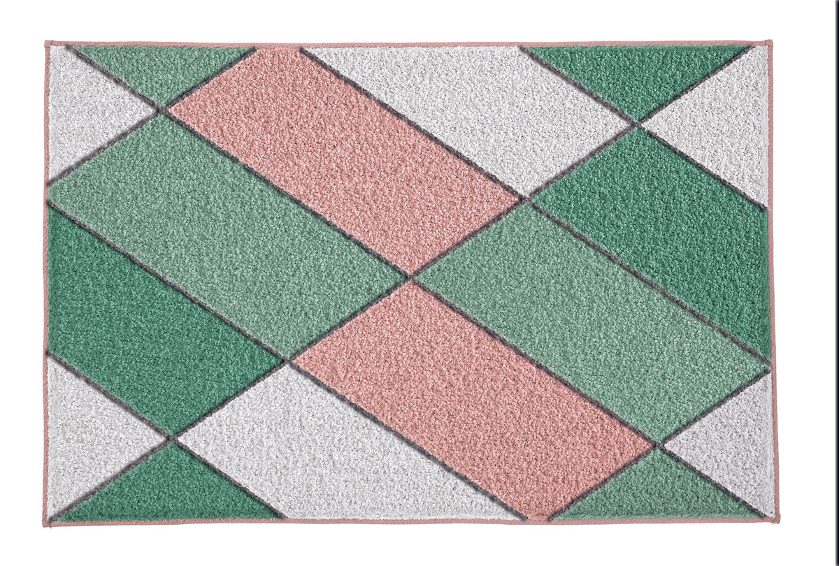 Rechteckiger Badteppich mit geometrischem Muster in Rosa und Grün
