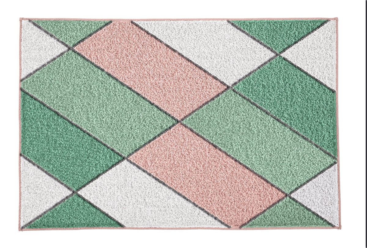 Geometrische Badematte als Duschvorleger in Rosa, Grün und Weiß mit Karomuster