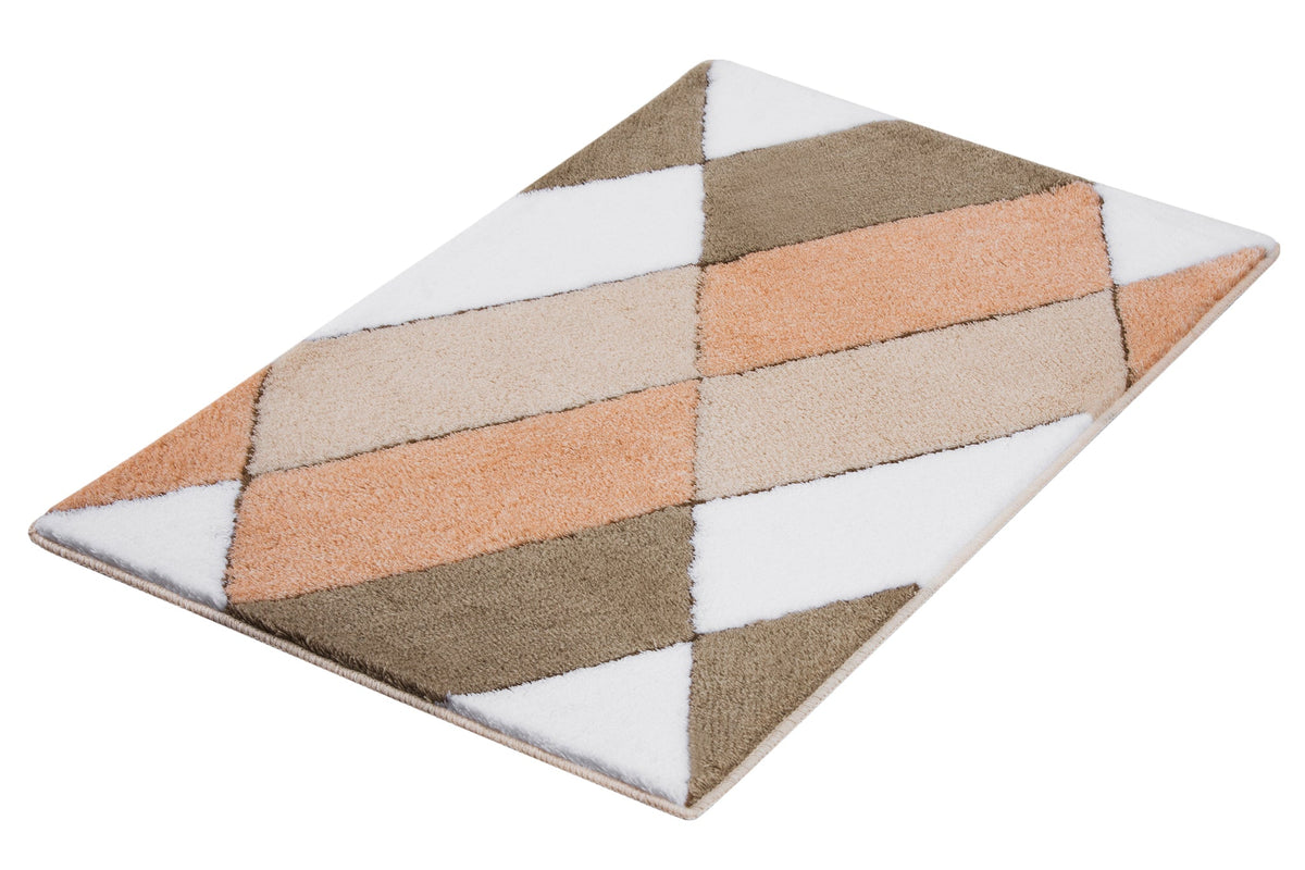 Rechteckige Badematte mit Rautenmuster in Weiß, Beige und Apricot