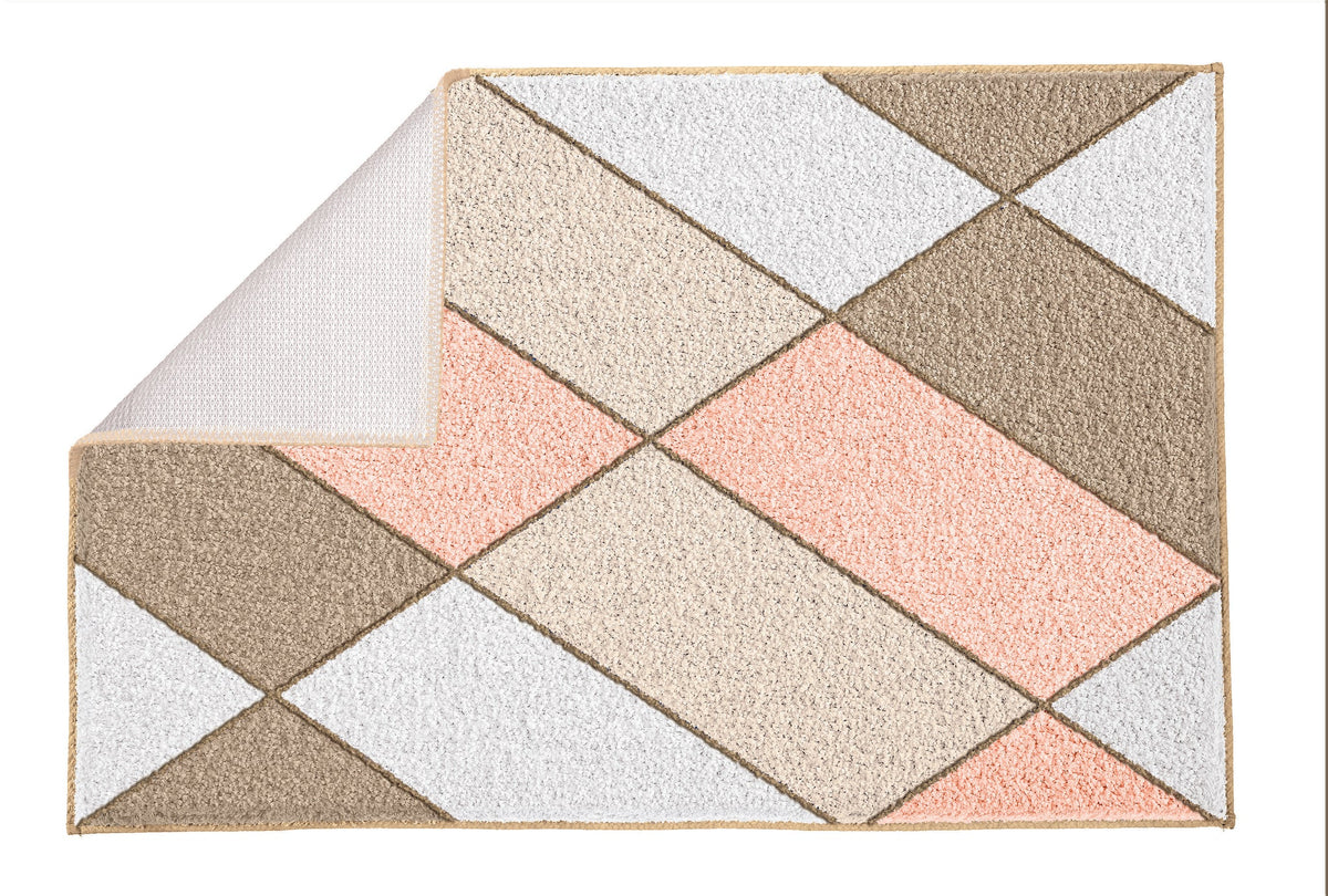 Badematte mit geometrischem Rautenmuster in Beige, Rosa und Weiß