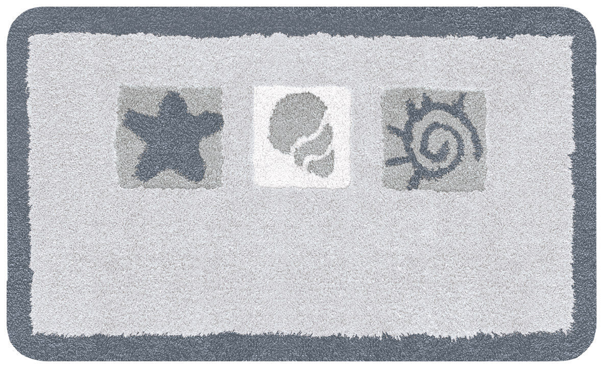 Hellgraue Badematte mit Seestern, Muschel und Sonne in Grau-Motiven