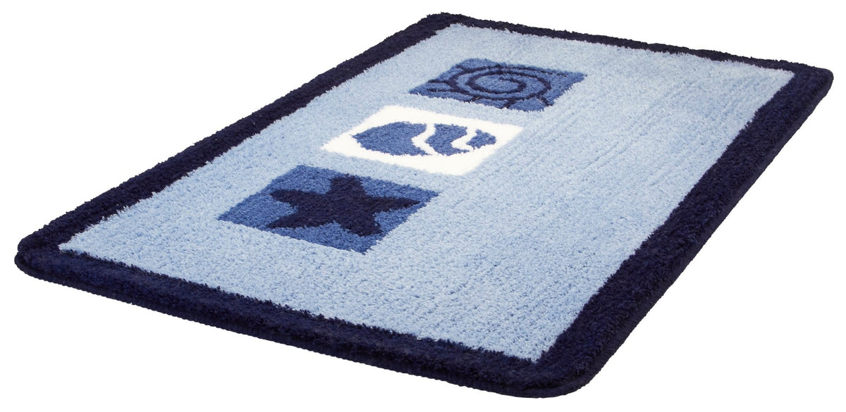 Hellblauer Badteppich mit maritimen Symbolen und dunkelblauer Umrandung