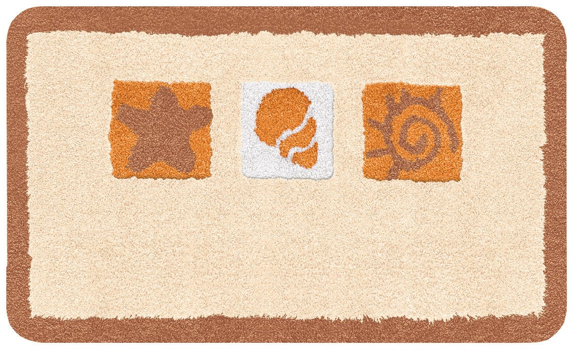 Beige Badematte mit braunem Rand und drei orangefarbenen Meeresmotiven