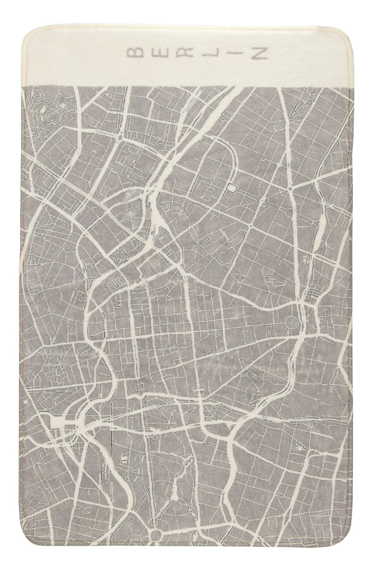 Grau-weißes Badetuch mit Stadtplan-Muster und Schriftzug Berlin oben
