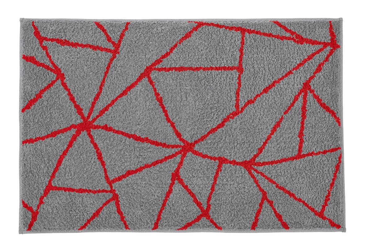 Graue Badematte mit roten, geometrischen Linien im abstrakten Muster