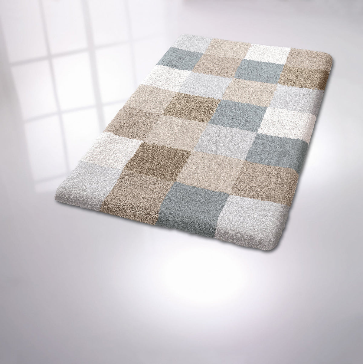 Rechteckige Badematte mit kariertem Muster in Beige, Grau, Weiß Tönen