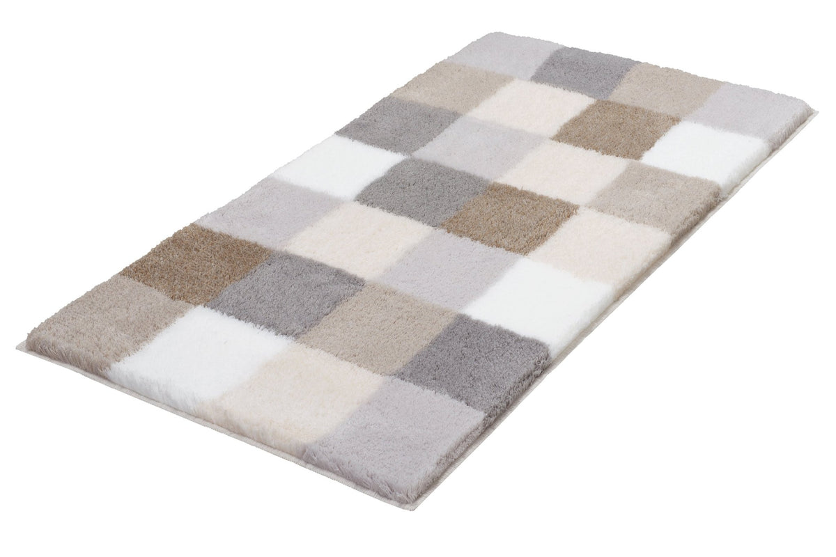 Rechteckiger Badteppich mit kariertem Muster in Grau, Beige, Weiß